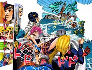 Mista and the others watch Narancia as he swims for the boat