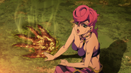 Questioning Bucciarati about the things she's seen, with her Stand leaving an imprint on the grass behind her