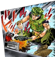 Toyohiro cooking fish on the tower.