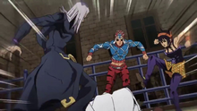 Abbacchio Mista and Narancia beating up a civilian