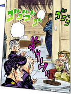 Shigechi, Josuke and Okuyasu nervously trying to redeem their ticket.