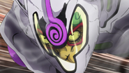 Ghiaccio's furious face, visible through the suit's visor