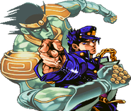Star Platinum alongside Jotaro, as they appear in Heritage for the Future
