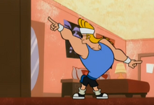 The cartoon network character johnny bravo but with grey hair, slimmed down  but with a gut and french on Craiyon