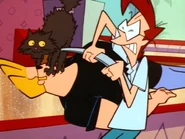 Carl trying to pry the cat off with a crowbar.