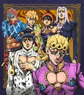 Ilustración de los personajes principales: Giorno, Bruno, Mista, Narancia, Fugo y Abbacchio.