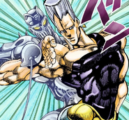 Polnareff realizando su pose más reconocida junto su Stand