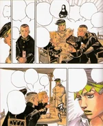 Charlando con Okuyasu, Koichi y Josuke (este es un golpe a los fans que piensan que Araki se parece a la Mona Lisa, ya que Rohan es el autoinserto de Araki)