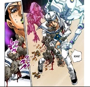Obladi Oblada extendiéndose al cuerpo de Josuke tras que este tratase de dispararle