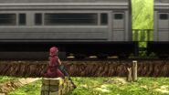 Mariah observa como Joseph y Avdol son arrollados por el tren.