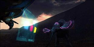 A Bladderhorn worns off "Probe Leo" with its bioluminescent antlers.