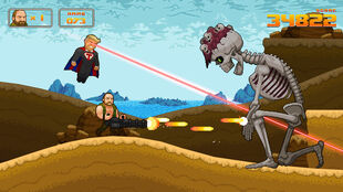Alex and Super Trump fighting a giant skeleton...