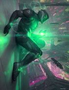 The Infini-Armor [Add a utility belt with the Omni-X symbol (A "10" overlapping an "X", inside a circle) on the buckle, change the left gauntlet such that the Infinitrix is exposed. Replace the emblems on the right shoulder pad to Omni-X's Symbol, and add an Infinitrix symbol to the chest. Make the overall colour scheme of the suit black and green with glowing green circuit patterns.]