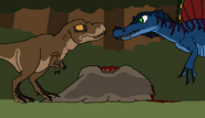 Oxalaia sharing a meal with a Tyrannosaurus rex ultimus