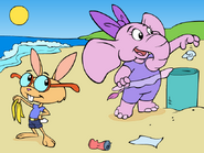 Hopsalot and Eleanor picking up trash on the beach