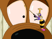 Close up on the face of Frankie the dog; a bee with a crown and magical staff is on top of his snout