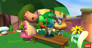 ZuZu and Hopsalot in a tutorial cutscene for Garden Defense