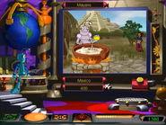 Bubble-Bot pouring super glue in a cauldron of chewing gum, while a Mayan doesn't notice.