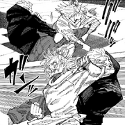 Hajime catches Hakari's kick and elbows him.