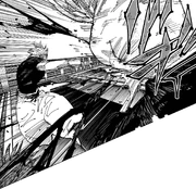 Gojo hits Mahoraga with Black Flash.