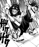 Choso stabbing Yuji's foot with Blood Edge.