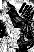 Yuji dropkicks Choso through a door.