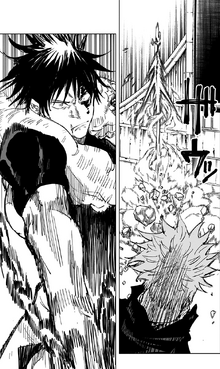 X 上的 Jujutsu Trivia:「Remember that page from ch 75? Gojo, stating tenjo- tenge(throughout heaven and earth, I alone am the honored one) from the sky, looking down to earth from the sky? Seems