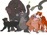 King Louie with Bagheera, Baloo, Shere Khan, Aka and Colonel Hathi.
