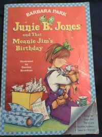 One of two covers, the other is a blue background and of Junie B., Grace, and Jim on the bus