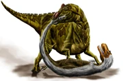 Restoration of  fighting off Albertosaurus