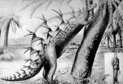 Early reconstruction of Stegosaurus with plates lying flat along the back and tail spikes evenly distributed all over the body.