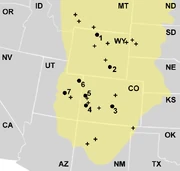Locations in the  (yellow) where Allosaurus remains have been found