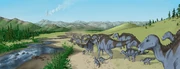 Illustration of a herd of Maiasaura walking along a creekbed, as found in the semi-arid  fossil bed. This region was characterized by volcanic ash layers and ,  and  vegetation.