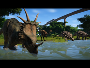 Styracosaurus next to a Gallimimus and a pair of Crichtonsaurus while drinking.