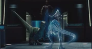 Ein Hologramm von Dilophosaurus 2015 in Jurassic World.