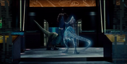 Delta and a hologram of a Dilophosaurus