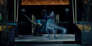 Delta fighting a hologram Dilophosaurus