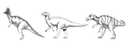 Concept art done by illustrator Jules Kmetzko shows illustrations for Corythosaurus, Hadrosaurus, and Maiasaura respectively