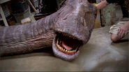 The movie rehearsing the scene with the animatronic of an dying Apatosaurus