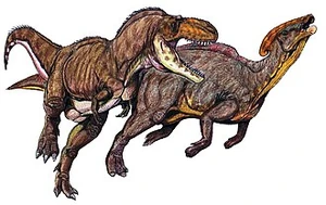 Teratophoneus atacando a un Parasaurolophus cyrtocristatus