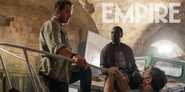 Jurassic World: Dominion Behind the scenes image featuring Chris Pratt (Owen Grady) and Omar Sy (Barry)