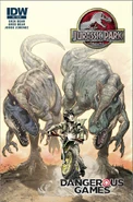 Two Allosaurus on the cover of Jurassic Park: Dangerous Games V