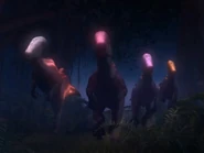A herd of Parasaurolophus lux running away from the Scorpios rex