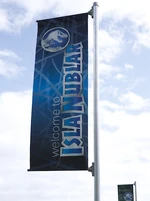Raised banners on the jetty