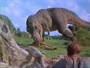 Dr. Grant along with Lex Murphy and Tim Murphy sees and watches the Tyrannosaurus killing the Gallimimus