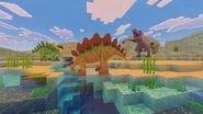 Two Stegosaurus and a T. rex in Minecraft