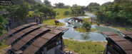 Dilophosaurs in the water next to a Camarasaurus, an Edmontosaurus, some Ankylosaurs, some Brachiosaurs and some Parasaurs