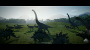 Brachiosaurs, Stegosaurs, Triceratops and Parasaurs moving through the Gyrosphere valley.