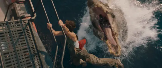 Philippine Velge hangs on the boat as a Spinosaurus leaps out of the water (Jurassic World Rebirth trailer)