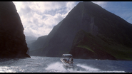 The Dino-Soar boat heading towards Isla Sorna in Jurassic Park III